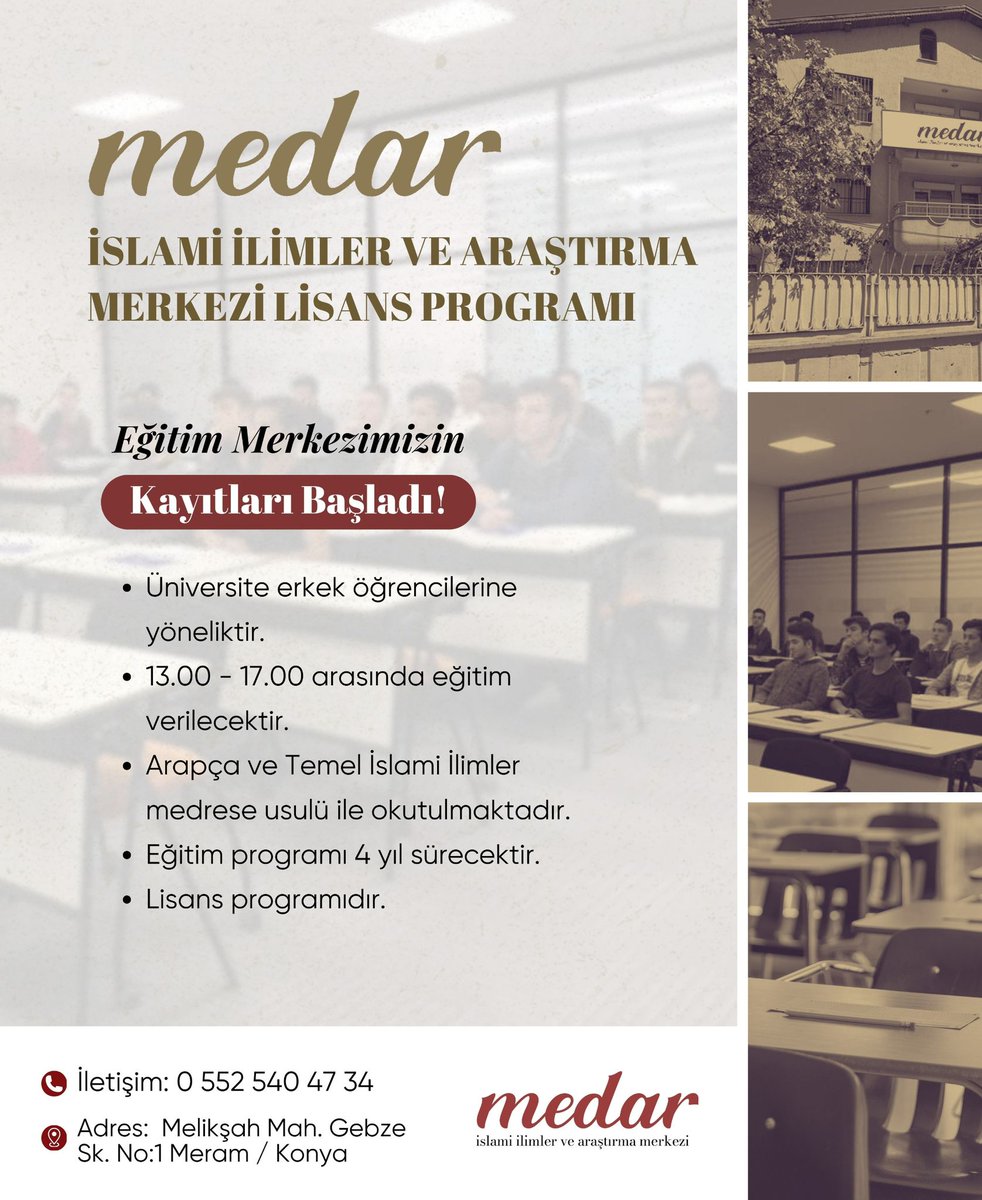 medarkonya's tweet photo. MEDAR İSLAMİ İLİMLER MERKEZİ LİSANS PROGRAMI BAŞLIYOR!

Lisans düzeyinde Arapça ve İslami İlimler alanlarında eğitim almak isteyen tüm erkek öğrenciler bölüm ayırt etmeksizin başvuru yapabilirler.

📌İletişim: 0552 540 47 34 https://t.co/3whoH3GTag