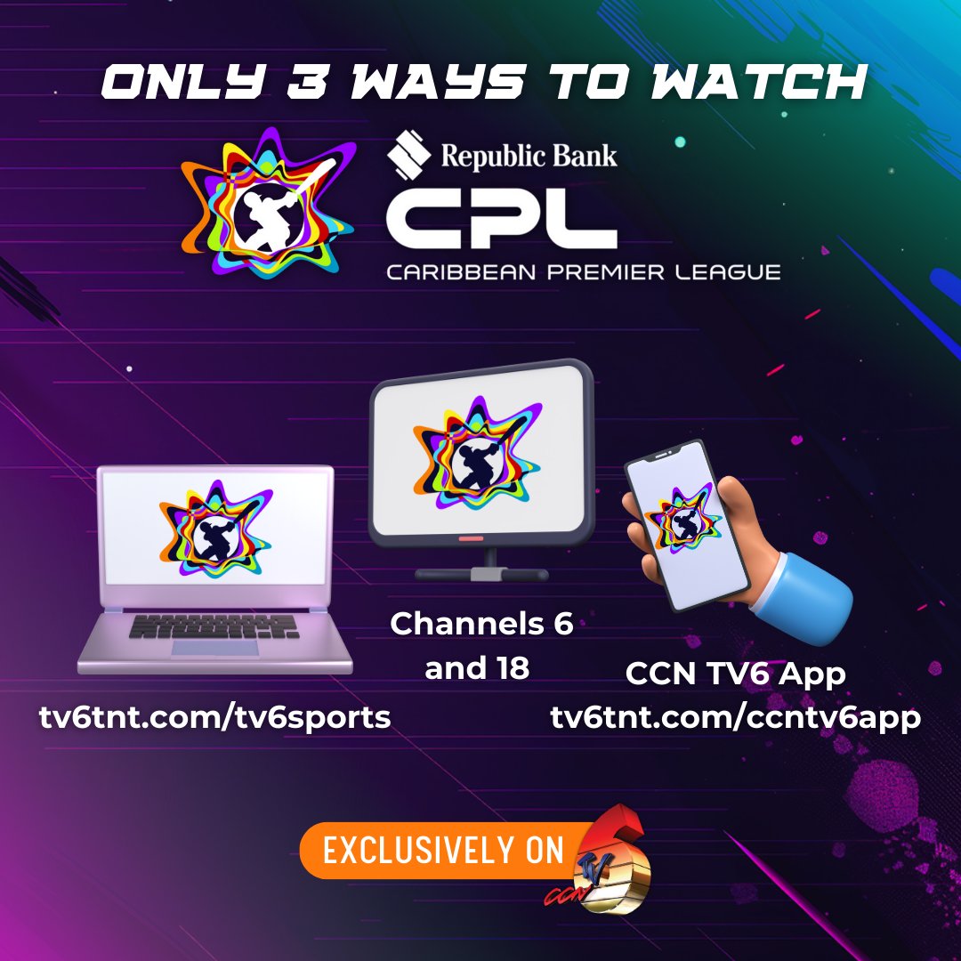 tv6tnt's tweet photo. #CPL24 FINALS is 1โฃ DAY AWAY! Who will be the #CPL24 Champions ๐๐?
The only place to watch is on #TV6!
๐ป https://t.co/lxYHL6mTHP
๐ฑ https://t.co/53OrOtrnrh
๐บ Channels 6 and 18
#WatchDCPL #WATCHDCPLONTV6 #CCNTV6 @CPL https://t.co/Auwht7GwAS