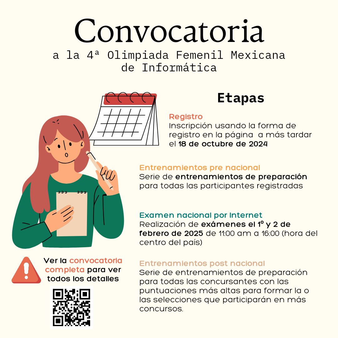 ofmi_omegaup's tweet image. ¡Participa en la 4ª edición de la Olimpiada Femenil de Mexicana de Informática! 🚀👩💻
📅 Fecha límite de registro: 18 de octubre de 2024
¡Inscríbete ahora! Para más detalles y para acceder a la convocatoria completa, visita ofmi.omegaup.com
#WomenInTech #WomenInCoding