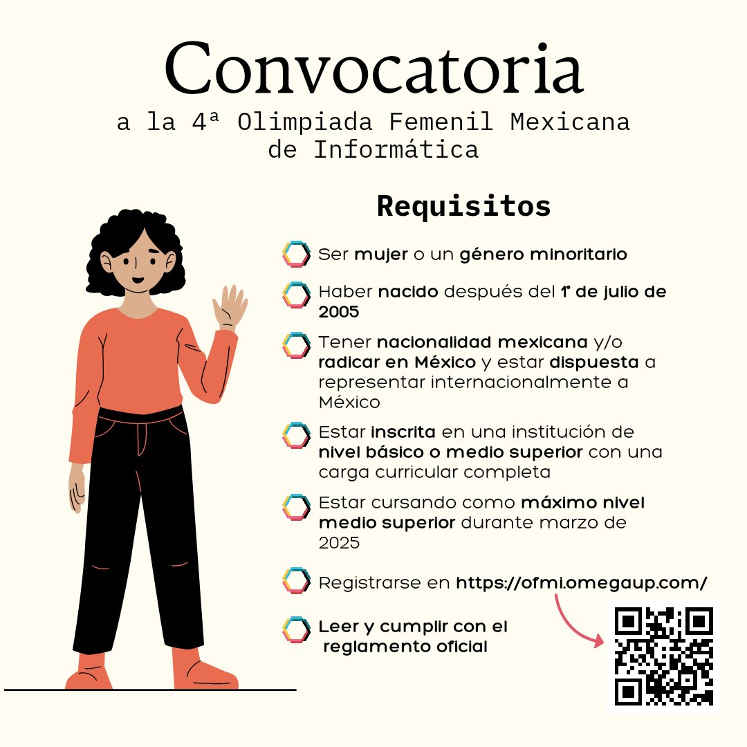 ofmi_omegaup's tweet image. ¡Participa en la 4ª edición de la Olimpiada Femenil de Mexicana de Informática! 🚀👩💻
📅 Fecha límite de registro: 18 de octubre de 2024
¡Inscríbete ahora! Para más detalles y para acceder a la convocatoria completa, visita ofmi.omegaup.com
#WomenInTech #WomenInCoding