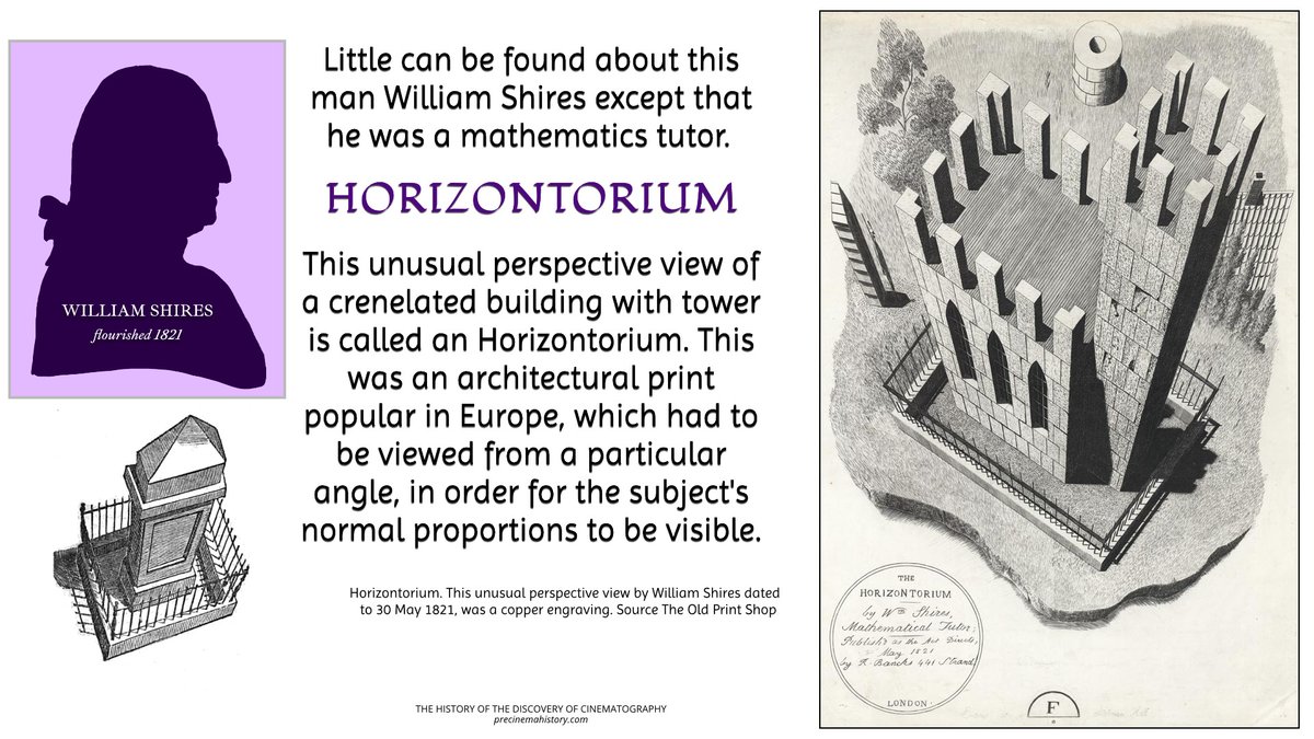 RealPreCinema's tweet image. 1821
THE HORIZONTORIUM
WILLIAM SHIRES
This shrewd #anamorphic illusion is said to have been invented by Shires in 1821. Three dimensions without glasses, and before #Wheatstone.