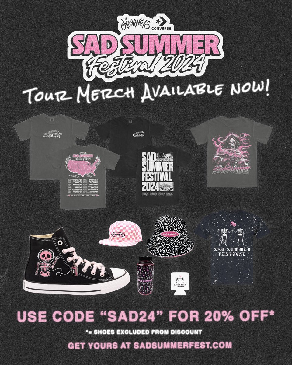 Sad Summer Fest (@sadsummerfest) on Twitter photo If you missed grabbing some merch this year it’s all* online 20% off with code “SAD24” 
*= not shoes. sry
Sadsummerfest.com If you missed grabbing some merch this year it’s all* online 20% off with code “SAD24” 
*= not shoes. sry
Sadsummerfest.com