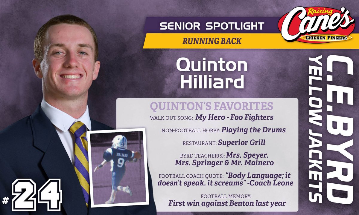 cebyrd_football's tweet photo. 15th @raisingcanes Senior Spotlight shines upon running back No. 24 Quinton Hilliard. In 4 games, Hilliard has rushed for 289 yards, scored six touchdowns and has averaged over 11 yards per carry. On Friday, Quinton and the Jackets face the Parkway Panthers. #StingEm https://t.co/jxvezRlFmS