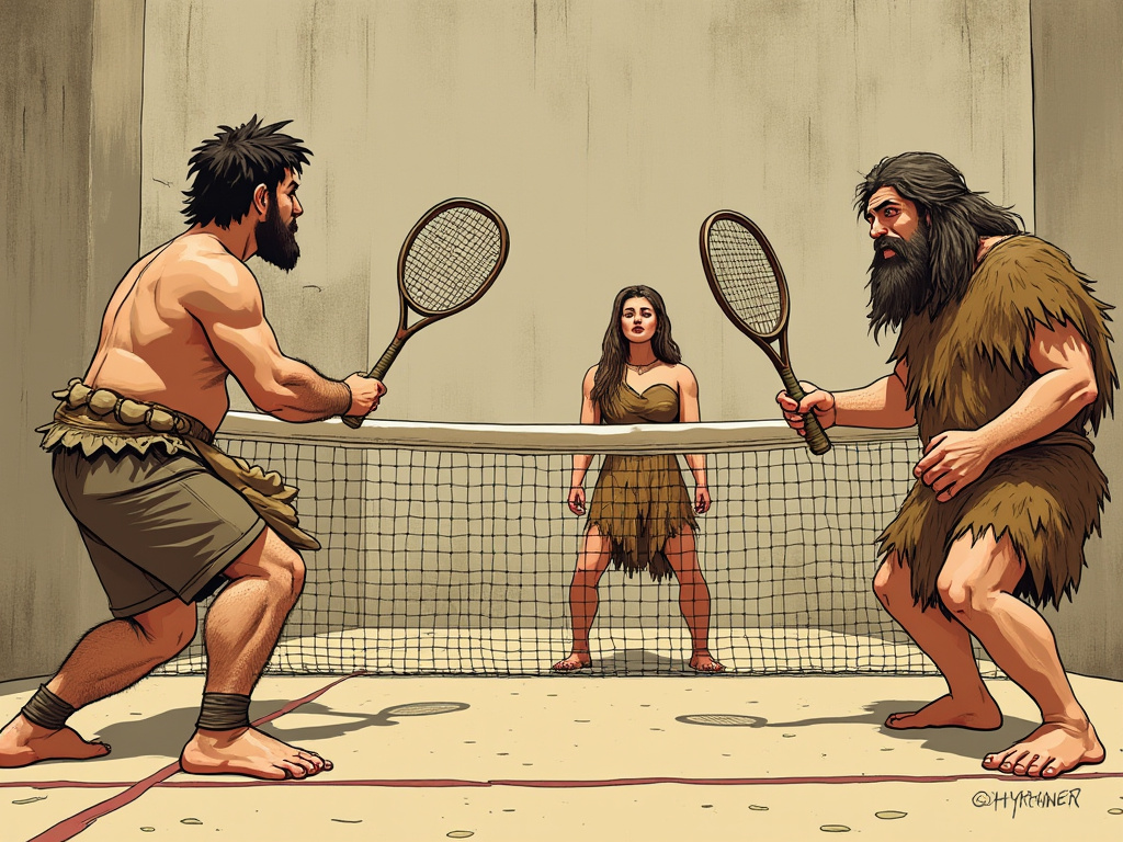 Grok fun mode is definitely grounded in human reality. I asked it "Create an amusing cartoon image of cavemen and cavewomen playing a game of squash against a wall."