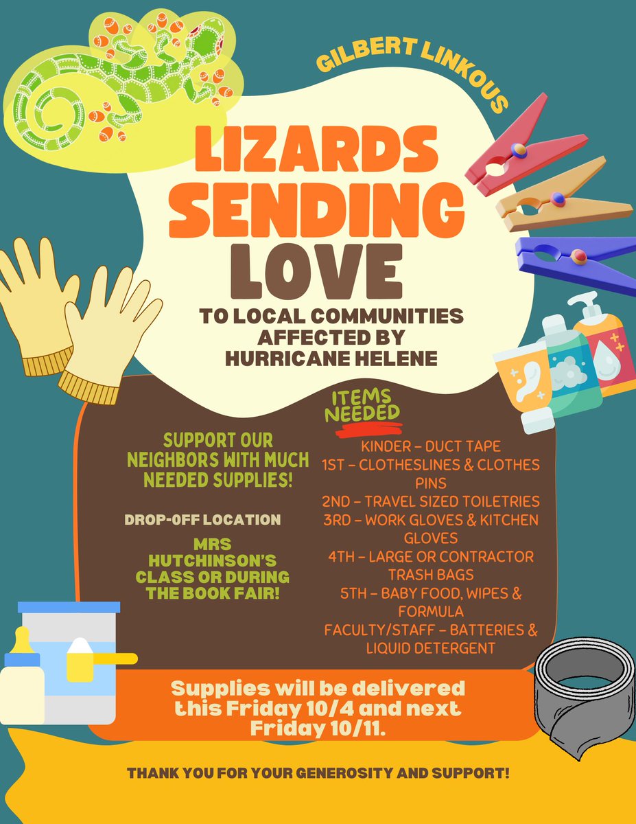 With the recent weather events, communities around our area are in continuous need of help and support. Our Linkous Lizard students, staff and families are ready to help! 

Please donate items to help the surrounding communities. You may start bringing in items tomorrow! 💚 🧡