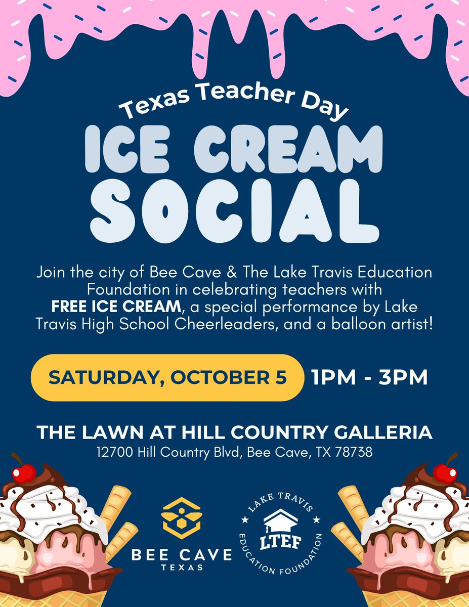 Join us this Sat. October 5 to celebrate teachers with free ice cream and kids activities on the Hill Country Galleria lawn. We'll also have special guests to help say thank you to teachers!