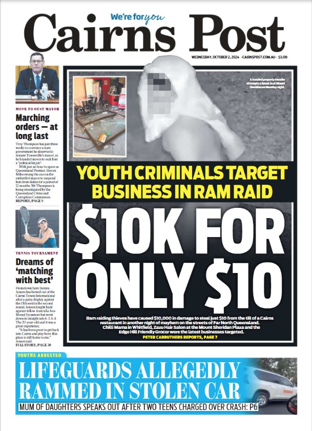 Security cams have the captured the moment ram raiding thieves in a stolen car racked up a $10,000 damage bill before getting away with just $10 from the till of a Cairns business #cairnscrime #ramraid #FNQ