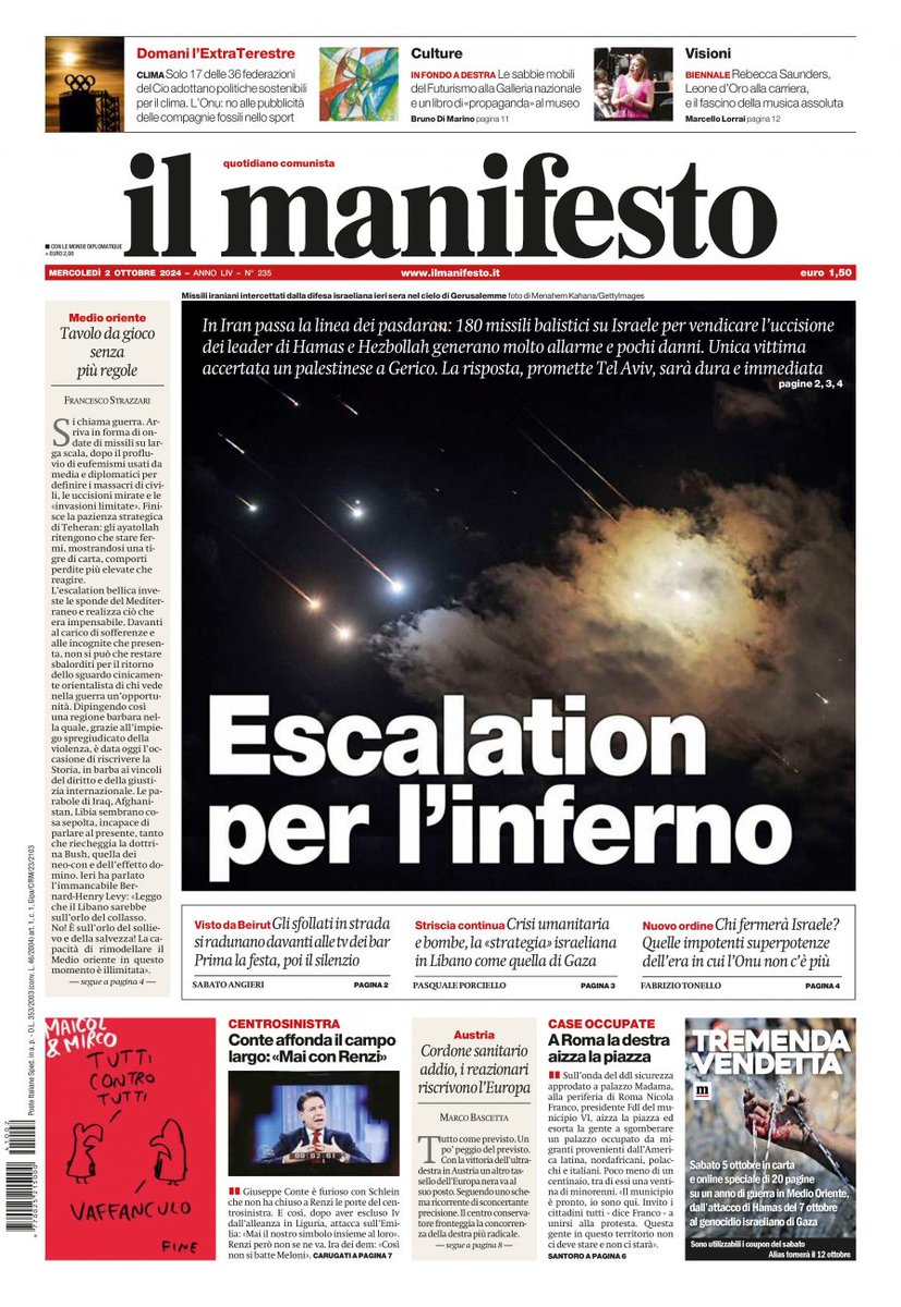 ilmanifesto's tweet photo. In Iran passa la linea dei pasdaran: 180 missili balistici su Israele per vendicare l’uccisione dei leader di Hamas e Hezbollah generano molto allarme e pochi danni. Unica vittima accertata un palestinese a Gerico. La risposta, promette Tel Aviv, sarà dura e immediata https://t.co/Ax20NIsHS4
