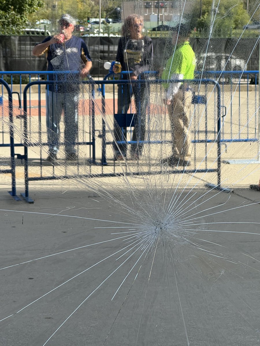 Not sure which player but someone from the Mets rocketed a batting-practice ball over the camera area in center field and shattered the glass at the back of American Family Field. 📸 <a href="/MJSphotog/">Mark Hoffman</a>