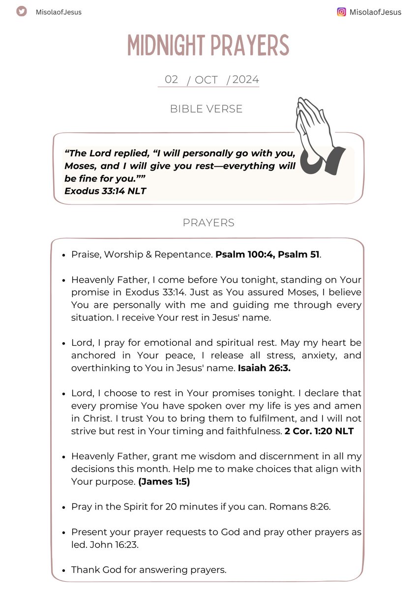MisolaofJesus's tweet photo. Midnight Prayers. 🔥

This quiet time between you &amp; God is an opportunity to pour out your heart, knowing that He listens to every whisper.

Please don't rush these prayer points, take your time to pray them well. 

Spend at least 5 minutes on each prayer point. https://t.co/BRsmiOJY0e
