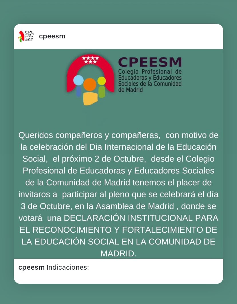 Gracias a la lucha incansable de los y las educadoras sociales de la Comunidad de Madrid, nos empezamos a encaminar hacia reconocimiento institucional de esta profesión tan esencial, frente al instrusismo y precariedad laboral.

<a href="/cpeesm/">CPEESM</a> 👏👏👏