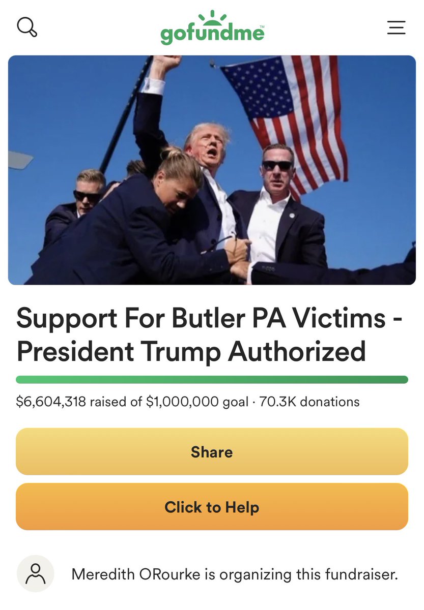cooltxchick's tweet photo. Notice the language in the GoFundMe. Trump ‘Authorized.’ Also notice the donors. When the first $1MM was raised - nearly 85% was from just 5 donors. All Trump cronies. And the actual organizer, Meredith O’Rourke - Trump Campaign Finance Director. 

Not so coincidentally, the Trump ‘Authorized’ GoFund Me supposedly set up for the victims shot at his Butler rally was also set up by O’Rourke. The donors? Take a wild guess, familiar names from THIS fundraiser. 

The Butler GoFundMe was set up 3 months ago for those ‘killed or injured’ at the rally. An original goal of $1MM, it’s raised over  $6.5MM. I imagine if the other two victims shot received a $2.5MM check we’d have seen Trump smiling ear to ear and bragging no -stop. So, where’s the money? 

And where will the almost $4MM, and still climbing, go from this one? 

I hope that every dime makes it where it should in both instances, but I’m getting more of a Build the Wall kinda vibe. And why are the GoFundMe’s Trump ‘Authorized? I reckon it’s so he has a degree of separation and can throw O’Rourke under the bus when the money doesn’t make it…