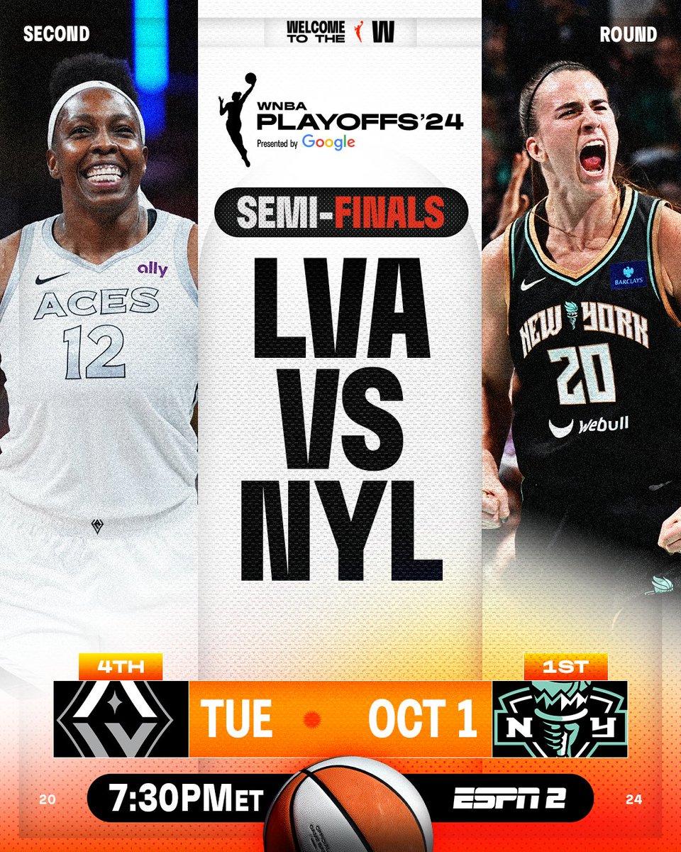 WNBA's tweet image. Liberty vs. Aces. Game 2 of the Semi-Finals.

IT'S ABOUT TO HEAT UP 🔥

Can New York go up 2-0, or will Vegas fight back to even the score? Catch the action starting at 7pm/ET on ESPN2 📺

 #WNBAPlayoffs presented by @Google