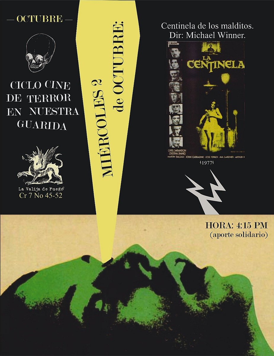 UN CICLO DE PROYECCIONES PARA AMANTES DEL TERROR. 
EL CENTINELA DE LOS MALDITOS( Dir.Michael Winner.1977).
 MIÉRCOLES 2 DE OCTUBRE(4:15 PM).
~Una joven es aterrorizada por unas fuerzas sobrenaturales cuando se muda a una extraña casa ubicada en Nueva York.~

Les esperamos.