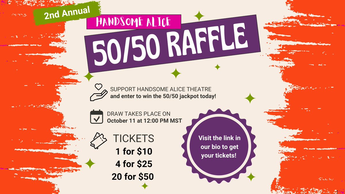 Handsome_Alice's tweet photo. HELP US REACH OUR GOAL⭐

Handsome Alice's second annual 50/50 raffle is LIVE! 🎟️

Support diverse theatre &amp; get a chance to win big!

Buy your tickets now:
https://t.co/gz3UOCiv4I

#yycarts #yyctheatre #supportlocal https://t.co/FsPpdJoChQ