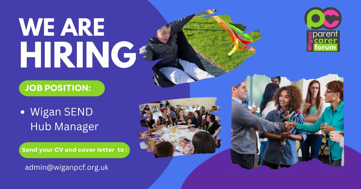 Exciting opportunity to be part of our team! 
We are looking for a new SEND Hub Manager.
Rewarding role working with amazing individuals who want to make a difference for the lives of children &amp; young people with #SEND &amp; their families
wiganpcf.org.uk/work-with-us #Wigan #Leigh