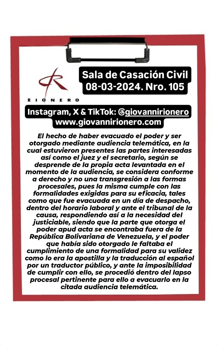 GiovanniRionero's tweet photo. #PoderApdActa Reciente sentencia en la cual se considera conforme a Derecho el otorgamiento en audiencia telemática de un poder apud acta en la sustanciación de un proceso de naturaleza civil.
#DerechoPenal
#DerechoPenalEspecial
#DerechoProcesal
#ProcesalPenal
#ProcesoPenal
#Proceso
#Abogado
#Justicia
#Litigio
#Tribunales
#Fiscalía
#Venezuela
#Jurisprudencia
#Acusación
#Delitos
#Autos
#Sentencia
#Abogados
#Defensor
#Investigación
#AudienciaPreliminar 
#Imputado
#Víctima
#Tribunal
#Sobreseimiento
#Recursos
#Juicio
#Defensa
