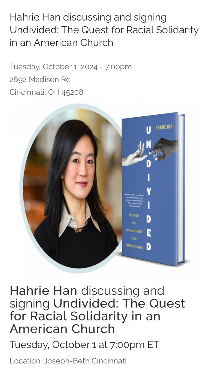 UNDIVIDED (@livingundivided) on Twitter photo Cincy followers: Come join <a href="/hahriehan/">Hahrie Han 한 하 리</a> and <a href="/ttjackson/">Dr. Troy Jackson</a> for the book discussion and signing tonight at <a href="/JosephBethCincy/">Joseph Beth Books</a> in Rookwood.
josephbeth.com/event/hahrie-h… Cincy followers: Come join <a href="/hahriehan/">Hahrie Han 한 하 리</a> and <a href="/ttjackson/">Dr. Troy Jackson</a> for the book discussion and signing tonight at <a href="/JosephBethCincy/">Joseph Beth Books</a> in Rookwood.
josephbeth.com/event/hahrie-h…