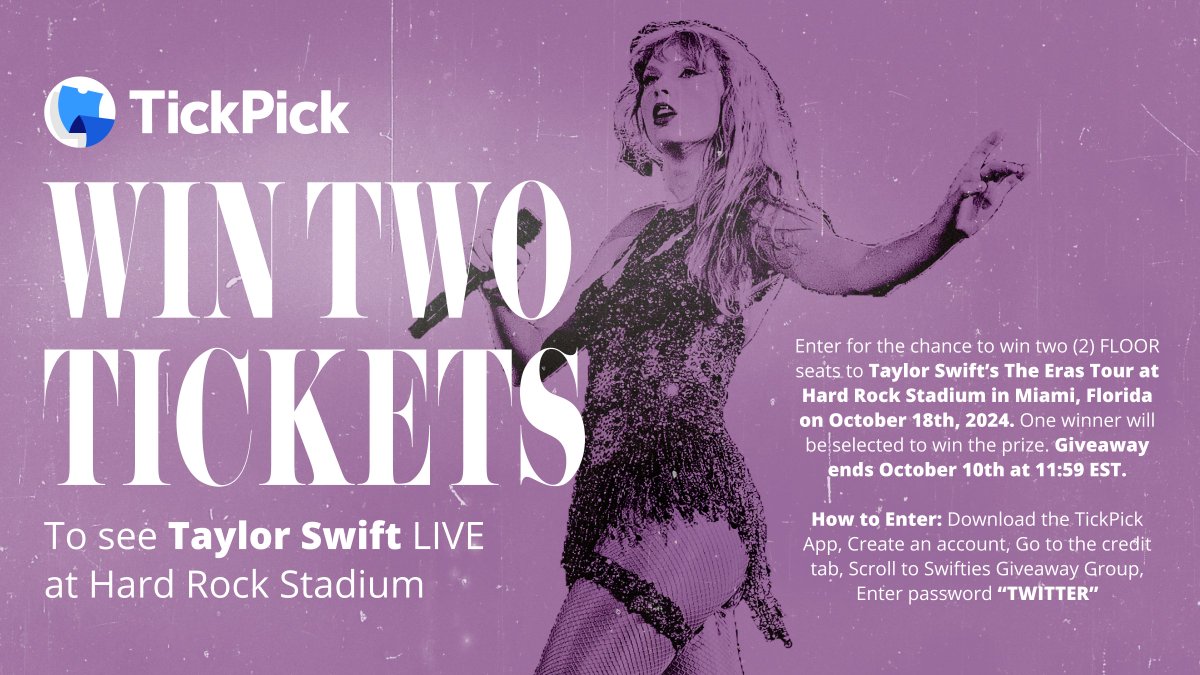✨ TAYLOR SWIFT GIVEAWAY✨

We are hooking up one (1) random person with a pair of FLOOR tickets to see Taylor Swift in Miami on 10/18!

How to enter:

1) Download the TickPick app
2) Create an account
3) Go to the Credit Tab (bottom right)
4) Scroll down and click the Swifties
