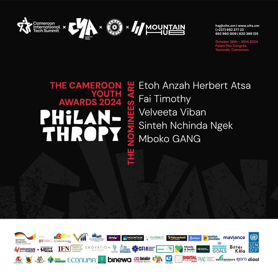 Elated to be Nominated for the Cameroon Youth Awards 2024 Philanthropy Category , this recognizes our strides in Community Development, Poverty Alleviation, and the Provision of Quality Education for Vulnerable Children across Africa. <a href="/civic_watch/">Civic Watch</a> <a href="/unicefcameroon/">UNICEF Cameroon</a>  <a href="/mountainhubb/">Mountain Hub</a>