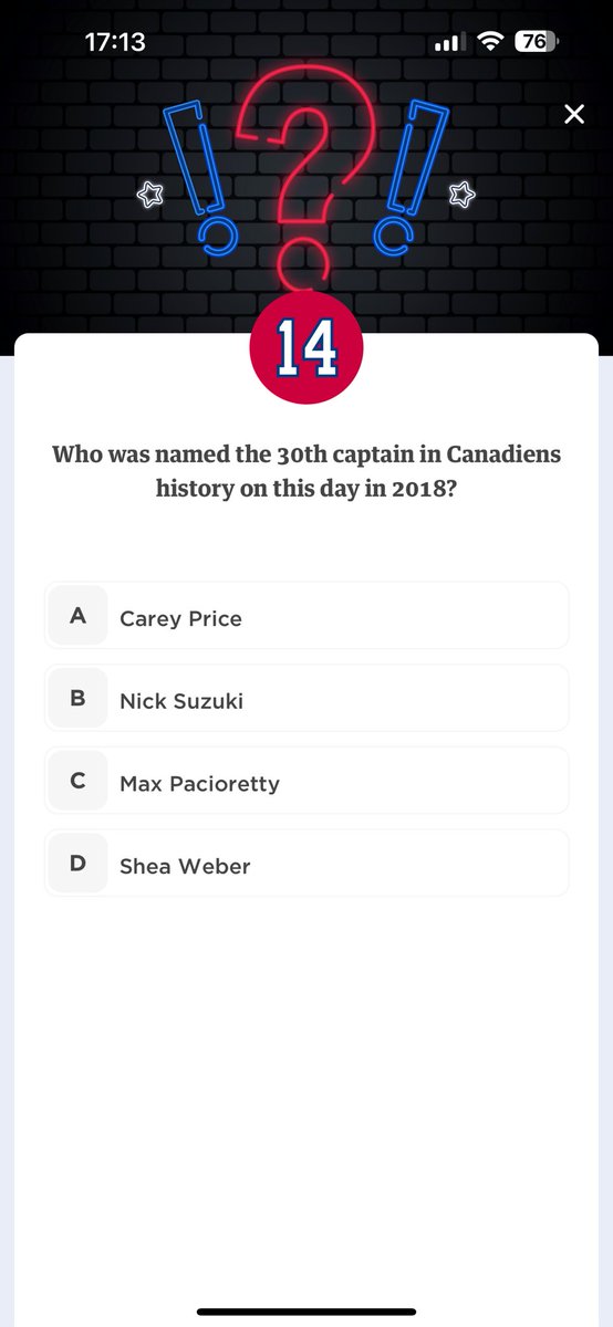 #club1909. Oct 1 question at Sep 21 2024
Answer Shea Weber
