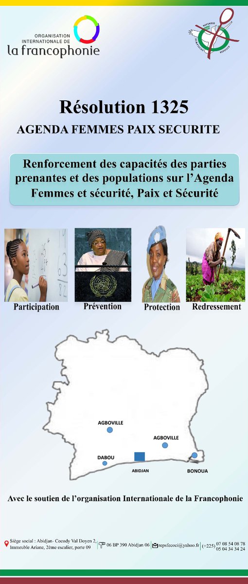 Projet de renforcement des capacités des parties prenantes et des populations sur l'Agenda Femme, Paix et Sécurité
avec le soutien de l'<a href="/OIFrancophonie/">La Francophonie</a> 
<a href="/repsfeco/">REPSFECO REGIONAL</a> <a href="/onufemmesCIV/">ONU Femmes Côte d'Ivoire</a> <a href="/MediatriceDe/">Réseau des Mediatrices de Paix -🇨🇮</a>  <a href="/wanepci2020/">WANEP-CI</a> <a href="/GtfjpsA/">gtfjps-aos</a>