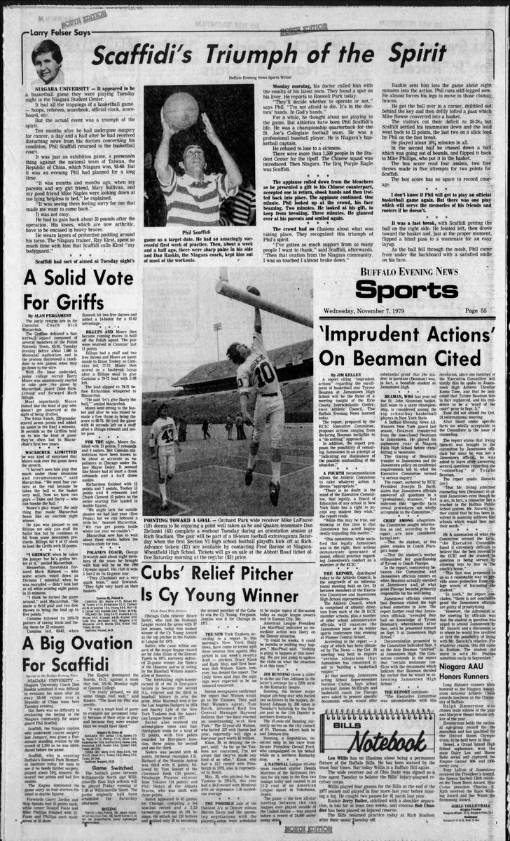 BuffSportsHstry's tweet photo. #OTD in 1979 Niagara's Phil Scaffidi, who has spent the past year battling cancer, plays 4 1/2 minutes against the Republic of China basketball team. The crowd of 1,550 give him a 3-minute standing ovation. https://t.co/RcCOCG2B9t