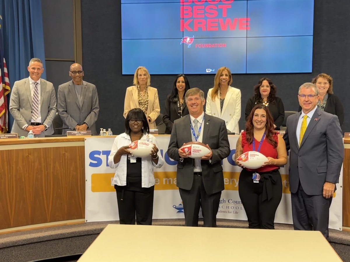 HillsboroughSch's tweet photo. During tonight's board meeting, the @BucsFoundation recognized and awarded @HCPSMarshallMS Principal Dennis Mayo, @DeSotoElem VE teacher Anissa Diaz, and Bus Driver Sheneta Strong with the @Buccaneers Best Krewe Award! ☠️❤️🏈

#BucsBestKrewe https://t.co/USsuAv51uo