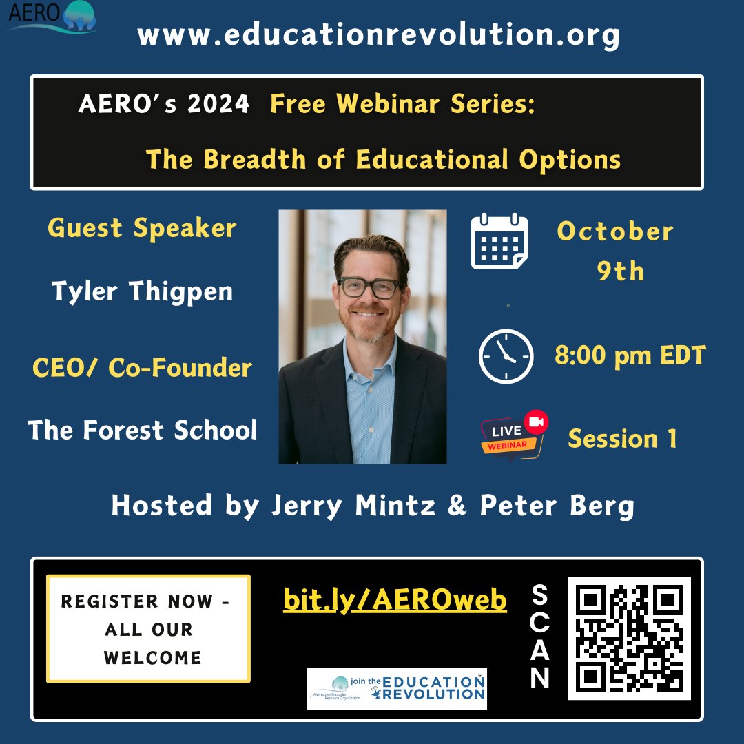 Education Revolution (@edualternatives) on Twitter photo AERO is hosting The Breadth of Educational Options . Make sure to attend it on October 9. Join us to learn about <a href="/TheForestSchool/">TheForestSchool</a> and more about the incredible work of <a href="/TylerThigpen/">Tyler S. Thigpen</a>
Register here bit.ly/AEROweb
#educationfreedom #selfdetermination #learnerdirected AERO is hosting The Breadth of Educational Options . Make sure to attend it on October 9. Join us to learn about <a href="/TheForestSchool/">TheForestSchool</a> and more about the incredible work of <a href="/TylerThigpen/">Tyler S. Thigpen</a>
Register here bit.ly/AEROweb
#educationfreedom #selfdetermination #learnerdirected