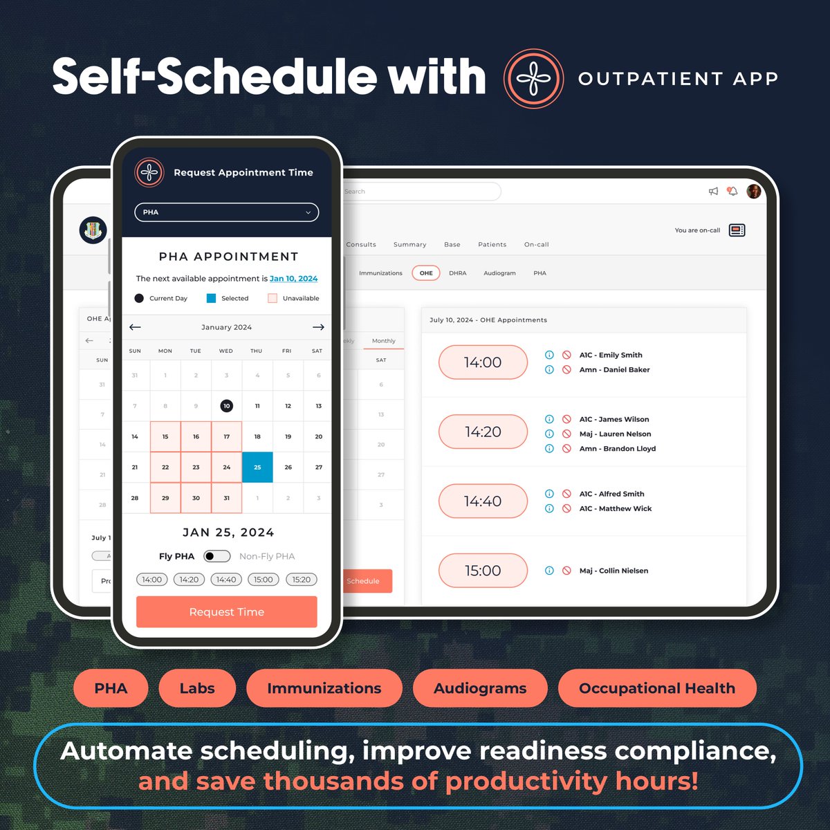 OutpatientApp's tweet photo. Self-Schedule with @OutpatientApp: Automate scheduling, improve readiness compliance, and save thousands of productivity hours - discover how it works below!

Streamlining Military Health Appointments:
https://t.co/uequYV0dtM

#TeleHealth #Military #HealthCare  #MilitaryHealth https://t.co/AhGnAEJzB2