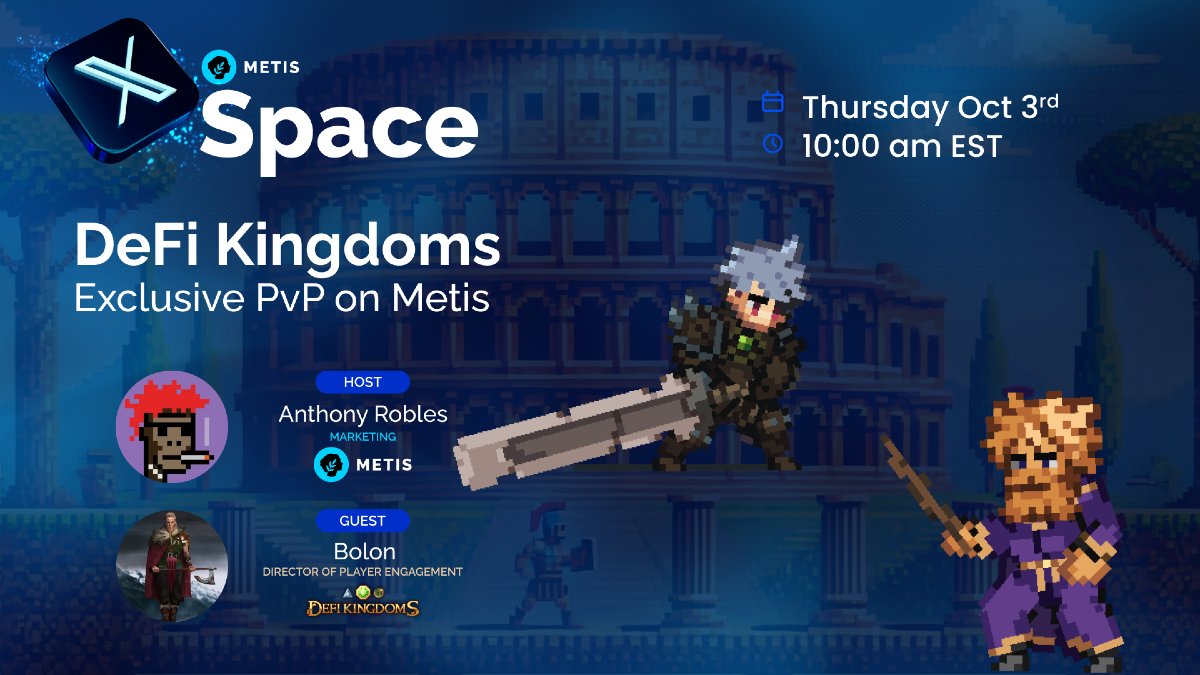 Tomorrow <a href="/DeFiKingdoms/">DeFi Kingdoms 🔺🌿</a> launches Colosseum, its PvP experience, exclusively on Metis🌿

Enter the Colosseum with us on Thursday, 2pm UTC to check it out firsthand 🎮🏰🏟️

Mark you calendars and don’t forget your battle armor ⚔️🛡️