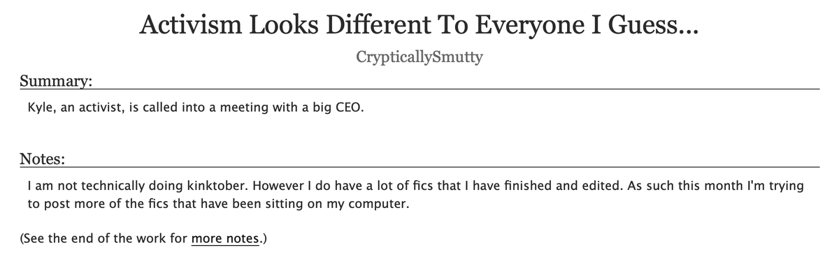 Crypticsmut's tweet photo. While I'm not doing kinktober I am trying to post as much as I can this month because I have a lot of fics sitting around that I've finished and had edited.
https://t.co/EqaVnKFKmm https://t.co/4MhUMPVdR5