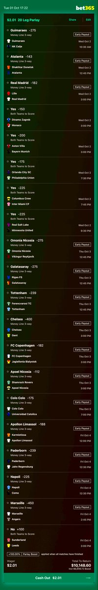 Pk682boss's tweet image. Wed - Thurs - Fri

20 games MASSIVE Longshot 💯‼️

All with early payout &amp;amp; BET365 BOOST ⚽️
In order of play !

7000:1 odds 🔥🔥🔥

I only get 5000:1 odds but you guys should see 7000:1 , BET365 is robbing me !

#stake-sensible
#LetsWinIt
#Edit-as-needed

Last game BTTS is NO