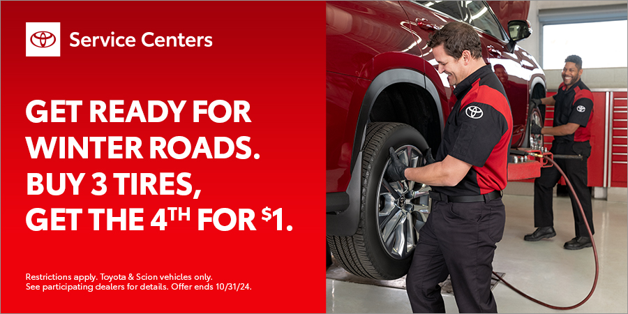 This October, when you buy 3 tires, you can get the 4th for just $1! Shop for tires and make an appointment today at toyotatirecenter.com. Restrictions apply. Offer ends 10/31/24.