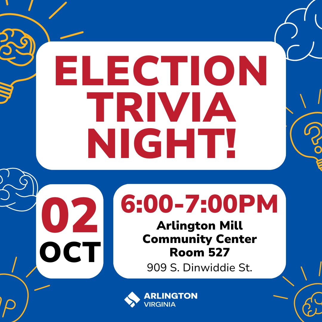 ArlingtonVotes's tweet photo. Calling all trivia fans! We’re hosting election themed trivia on Wed, 10/2 from 6-7pm at the Arlington Mill Community Center! We’ll cover everything you should know for the Nov. 5 Presidential Election so you can make a plan to vote!
#ArlingtonVotes #ElectionTrivia #Vote2024 https://t.co/FMDAVJg2hf