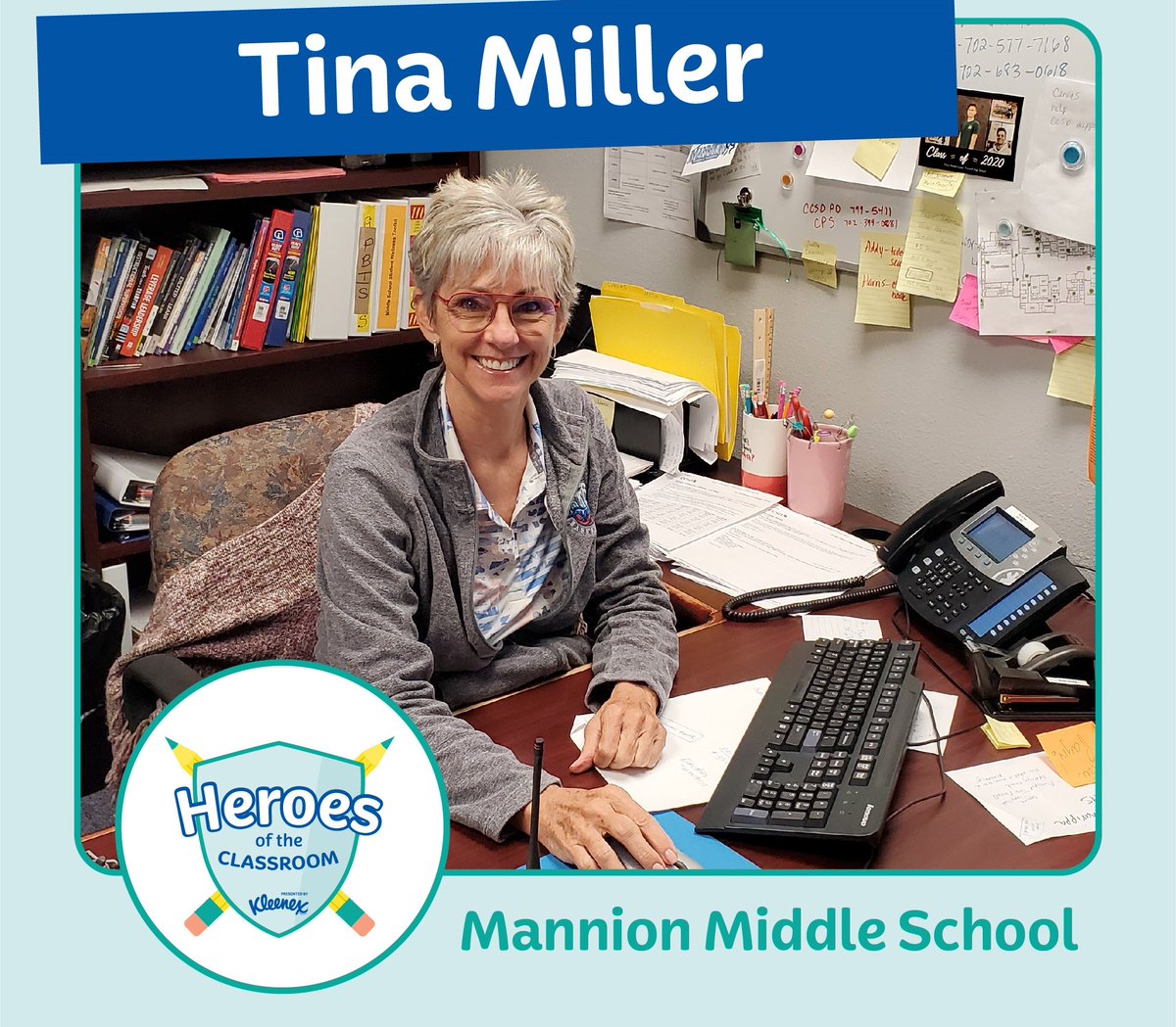 ClarkCountySch's tweet photo. Congratulations to @Mannion_MS Assistant Principal Tina Miller for being selected as one of the Kleenex Heroes of the Classroom! She will receive a $1,000 gift card and her school will also receive a $1,000 gift card. Thanks for your hard work! #CCSDProud https://t.co/1fwXONOkkV