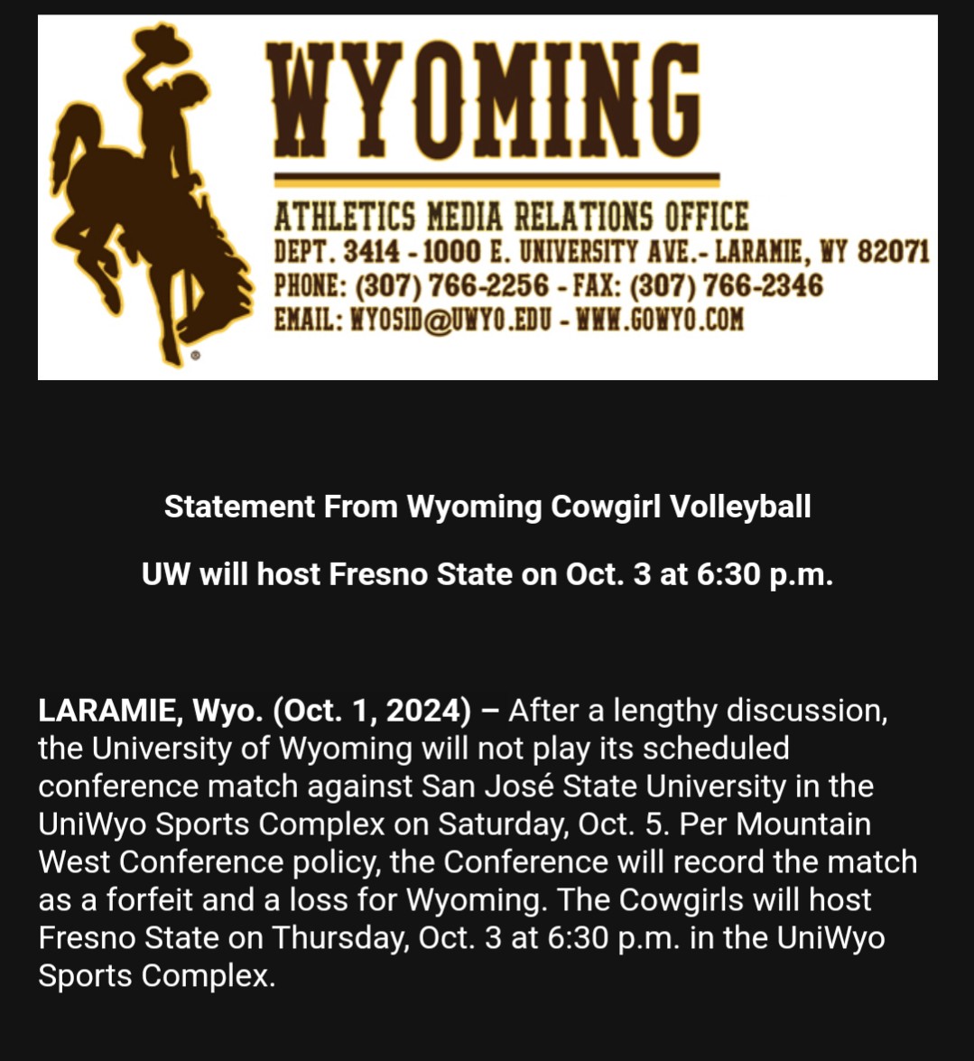 Statement from Wyoming Athletics and their upcoming volleyball match with San Jose State. 
#gowyo