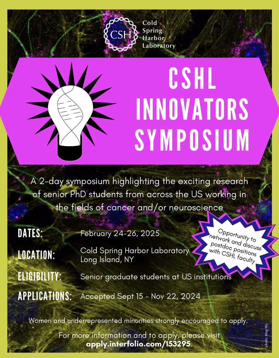 LucasCheadle's tweet image. Are you a senior PhD student doing exciting work in the fields of neuroscience and/or cancer? Apply for this brand new symposium we’re organizing at @CSHL! Hoping to have a good turnout from glial and neuroimmunology enthusiasts!
