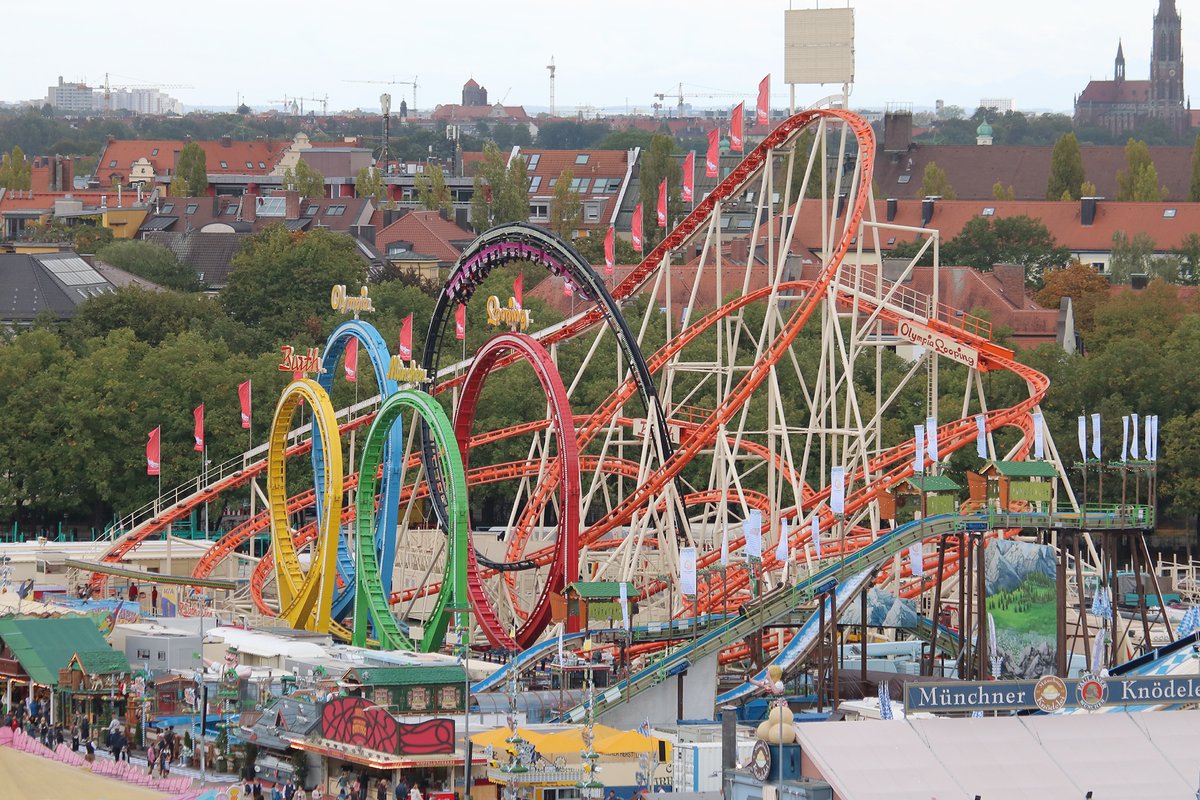 thegreatzo's tweet photo. Oktoberfest's famous Olympia Looping roller coaster -- as seen from a variety of aerial views. https://t.co/soVUcCOcTm