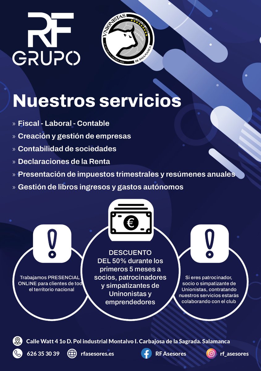 UnionistasCF's tweet image. 📌  PATROCINADOR | RF Asesores continúa apoyando nuestro proyecto una campaña más ¡y si eres socio del club te ofrecen un descuento del 50% durante los 5 primeras meses!

📍 C/ Pozo Hilera, 32
📞 678967081
👉🏼 rfasesores.com
📧 info@rfasesores.com