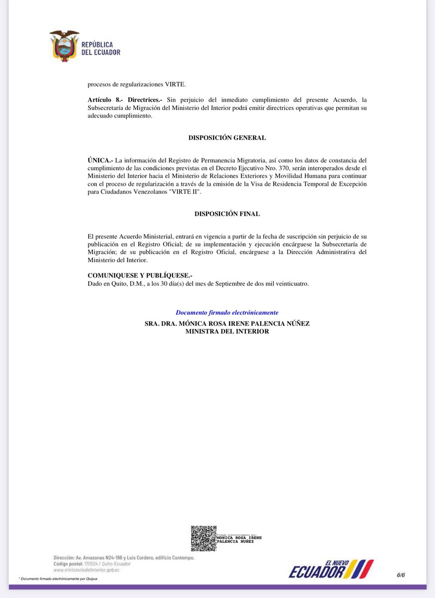 betzaj's tweet photo. 🧵Ayer se firmó el Acuerdo Nro. MDI-DMI-2024-0148 por la Ministra del Interior de Ecuador, Mónica Palencia, que establece un nuevo proceso de amnistía migratoria para la población venezolana en el país. Aquí te explico los detalles clave 👇 https://t.co/bEBP9l7G0G