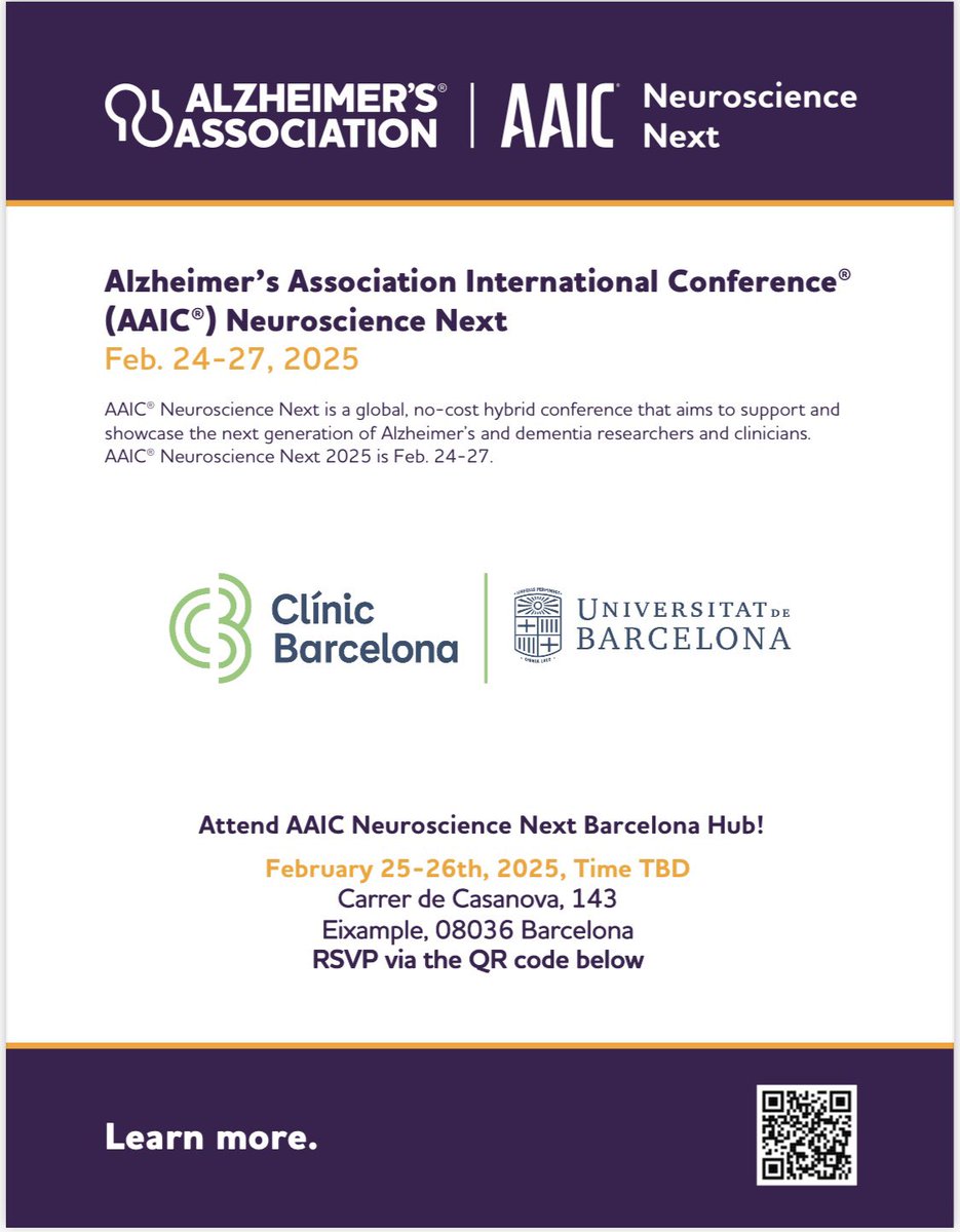 🚨 AAIC Neuroscience Next registration is open! Submit your abstract by Oct 30th! 📅 The Barcelona hub at <a href="/hospitalclinic/">Hospital Clínic</a> <a href="/UniBarcelona/">Universitat de Barcelona</a> is excited to host in person✨ Awards and travel fellowships available! 🌍 #AAICNeuro <a href="/Alz_ClinicBCN/">Unitat d’Alzheimer i altres Trastorns Cognitius</a> <a href="/Alladopl/">Albert Llado</a>