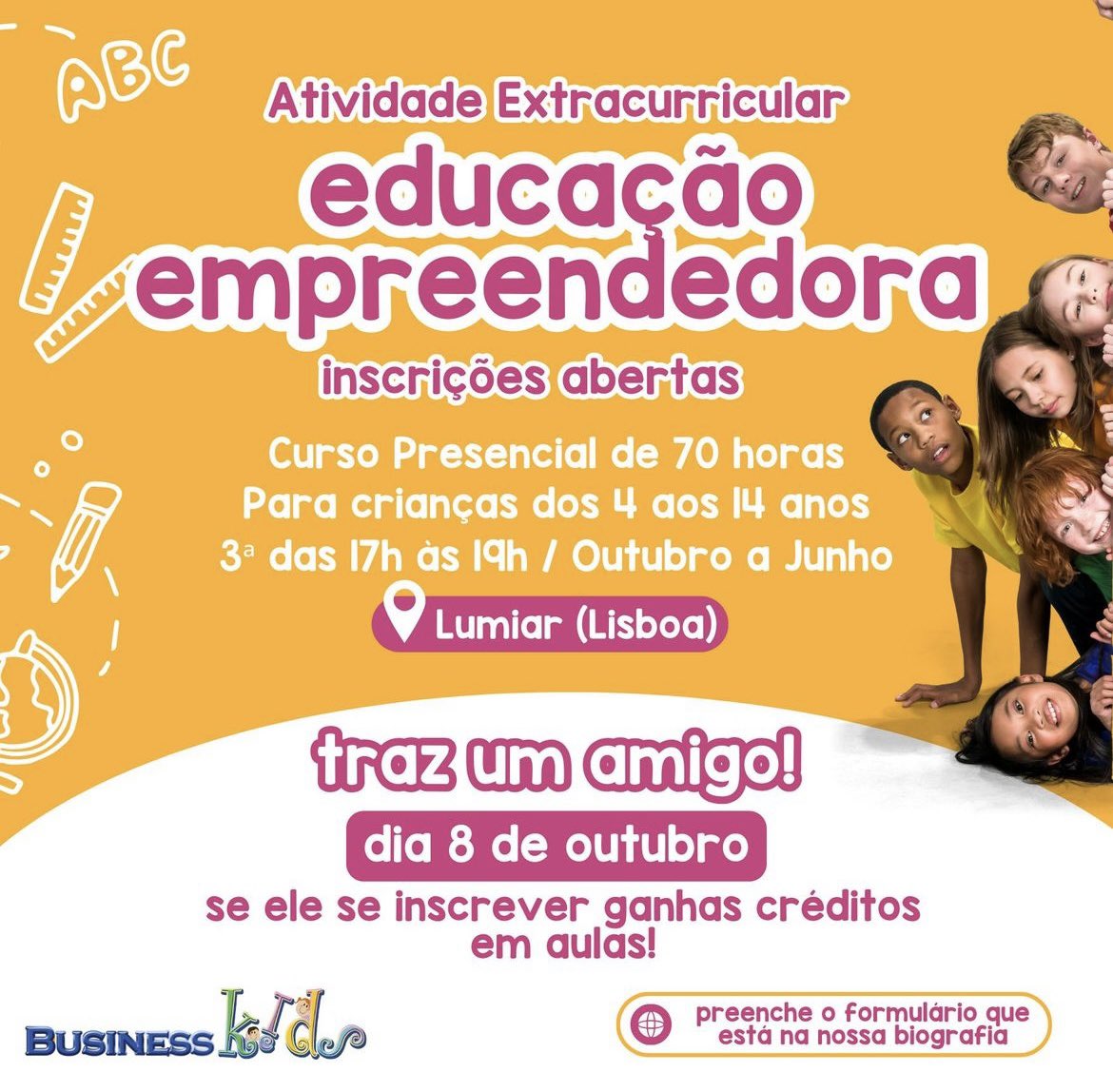 Estão abertas as inscrições para o Curso Presencial BusinessKids, para crianças dos 4 aos 14 anos.

Proporcione ao seu filho a oportunidade de se tornar um pequeno empreendedor enquanto brinca! 

forms.gle/TZUxUYfQMYxvwn… 

ou entre em contacto connosco: 
+351 911 133 178 📝👇