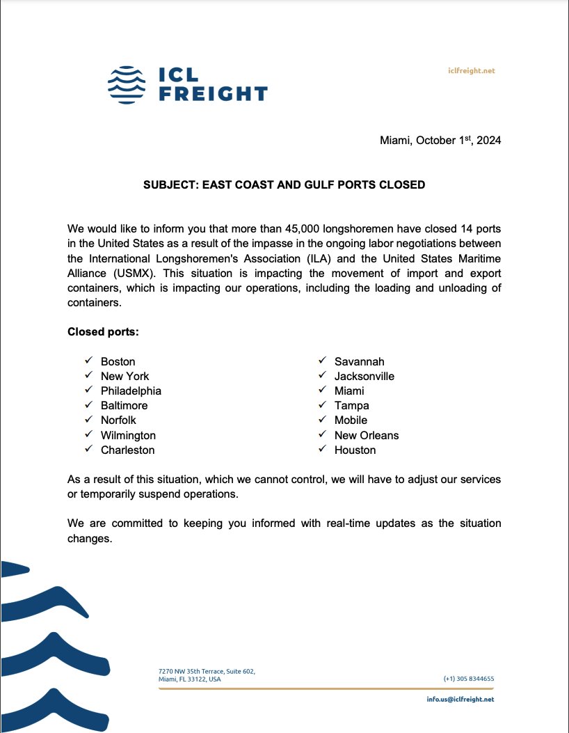 EAST COAST AND GULF PORTS CLOSED

Over 45,000 longshoremen have closed 14 US ports due to stalled labor negotiations between the ILA and USMX. This may lead to service adjustments or temporary suspensions. 

.
.
.
#iclfreight #differentlogistics #USPorts