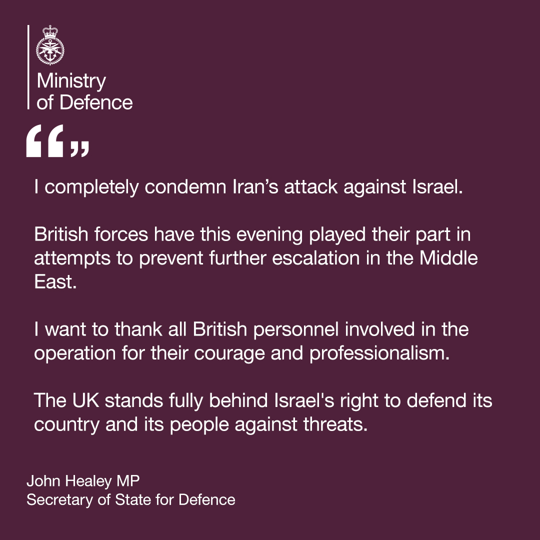 Ministry of Defence 🇬🇧 (@defencehq) on Twitter photo A statement from Defence Secretary <a href="/JohnHealey_MP/">John Healey</a> following Iran's attack against Israel tonight. A statement from Defence Secretary <a href="/JohnHealey_MP/">John Healey</a> following Iran's attack against Israel tonight.