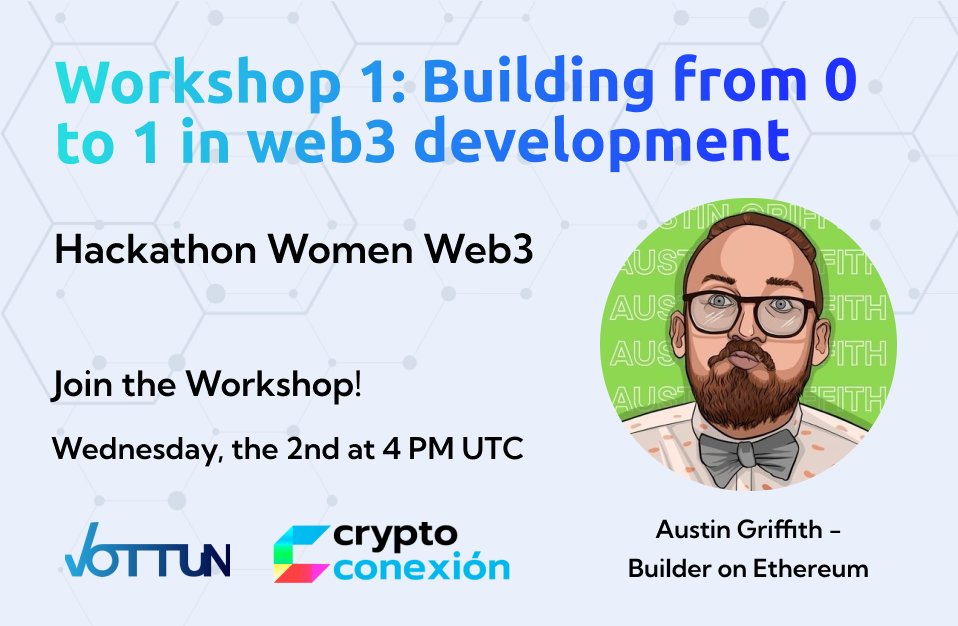 AuyuZServeiS's tweet photo. 1/5 El Women Web3 Hackathon arranca con un taller exclusivo:
Building from 0 to 1 in Web3 Development
con @austingriffith experto en #Solidity
2 de octubre a las 16:00 UTC
#WomenInBlockchain #BlockchainTech #Ethereum @vottun #SmartContracts #Coding #TechWorkshops #Web3Devs https://t.co/7DxNo6xFLR