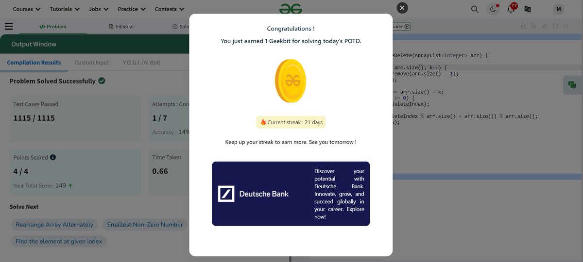vMihir02's tweet photo. Day 21/21 Rotate and Delete!
#geekstreak2024 #deutschebank
@geeksforgeeks @DeutscheBank

Encountered peculiar error - take a look at this!
But writing that SAME logic in a different language gets the job done... https://t.co/vpquiq1KjU