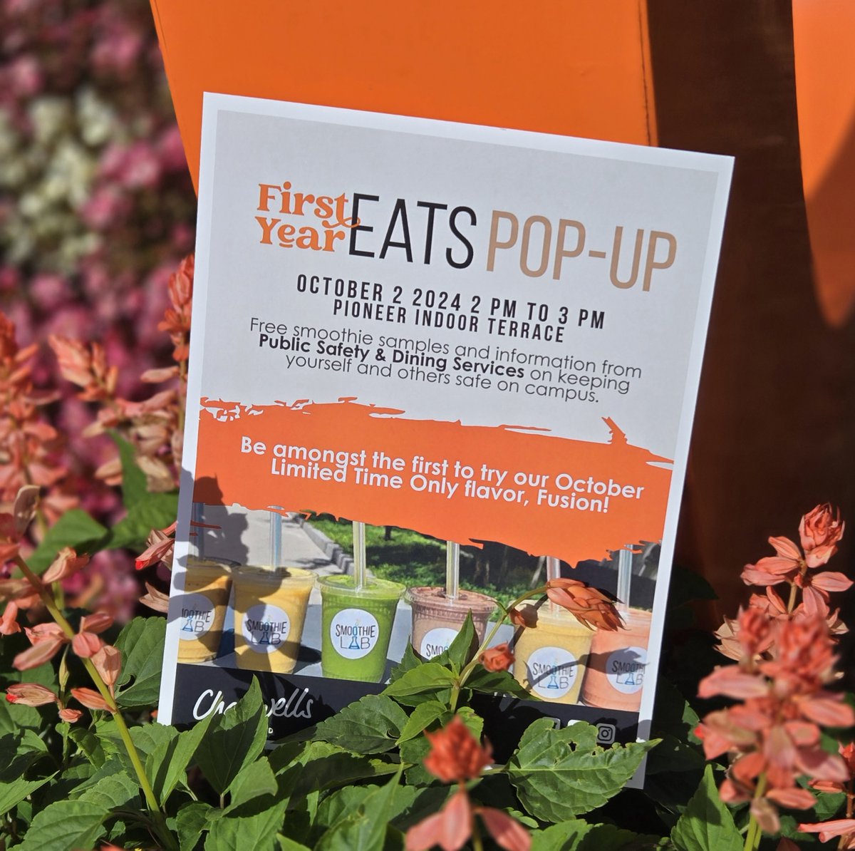 Attention all first year students, commuters, and beyond. Stop by tomorrow in the PIT for  Smoothie Lab samples including our newly release limited time only flavor, Fusion! Learn more about how you can keep yourself and others safe on campus with Public Safety. #carrolludining