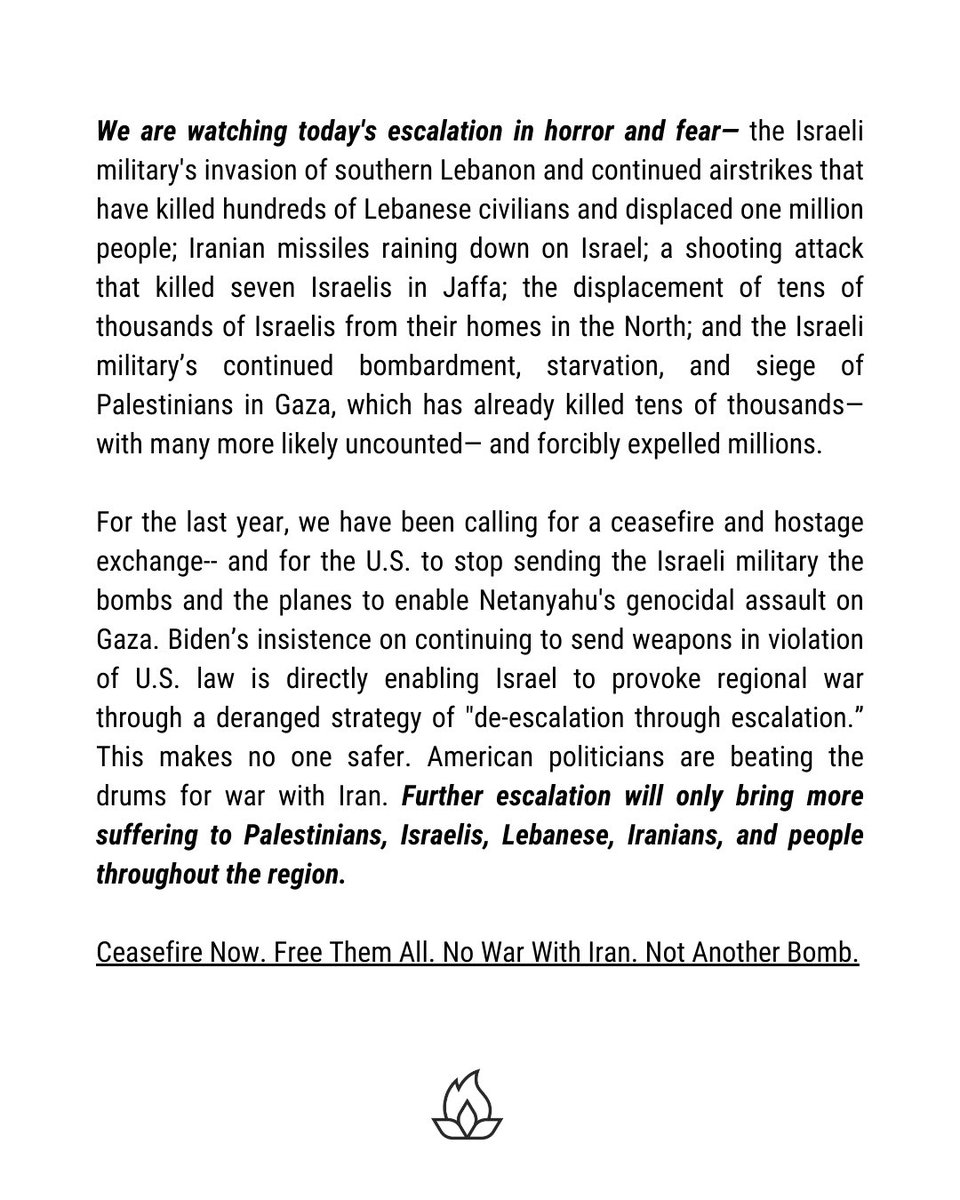 Ceasefire Now. 
Free Them All. 
No War With Iran. 
Not Another Bomb.