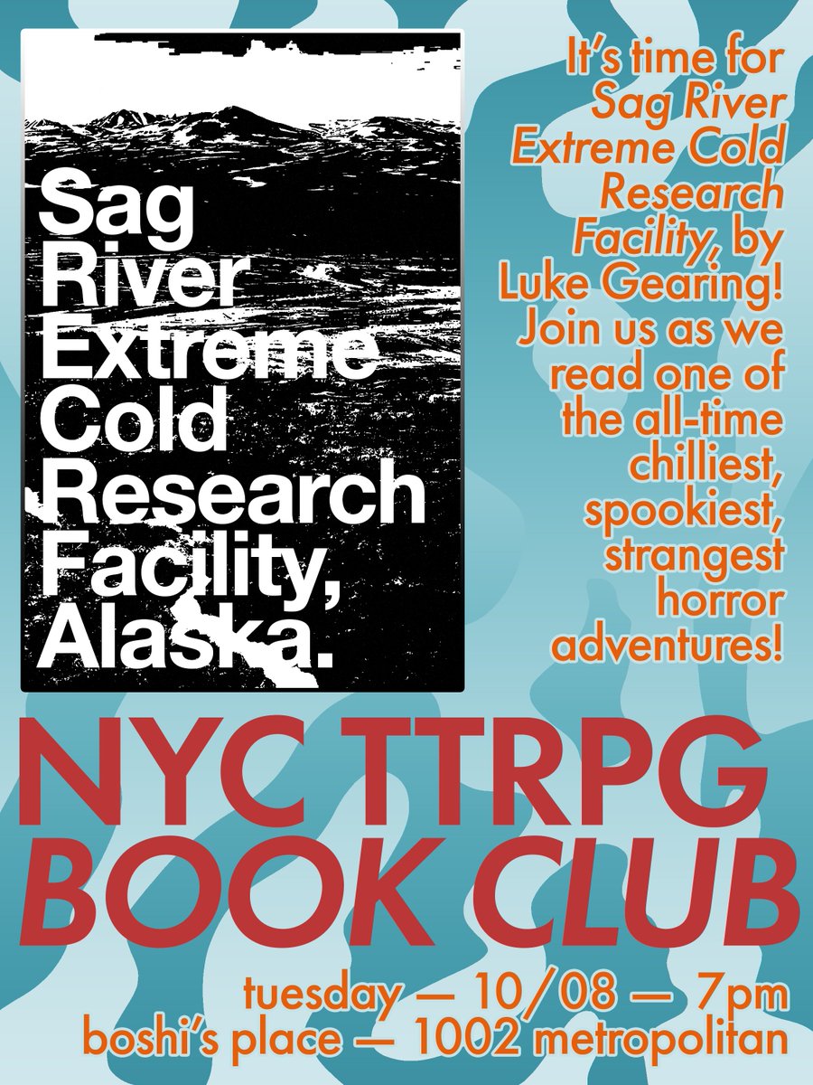 sam sorensen's corpse (@headofthegoat) on Twitter photo book club book club book club! one week from today! we're reading one of my favorite new (free) adventures, "Sag River Extreme Cold Research Facility, Alaska." by that scurvy dog, <a href="/LukeGearing/">Luke Gearing</a>—come join us for discussion! book club book club book club! one week from today! we're reading one of my favorite new (free) adventures, "Sag River Extreme Cold Research Facility, Alaska." by that scurvy dog, <a href="/LukeGearing/">Luke Gearing</a>—come join us for discussion!